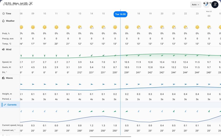 Weather on your chart: rain, wind, waves, current, and tides